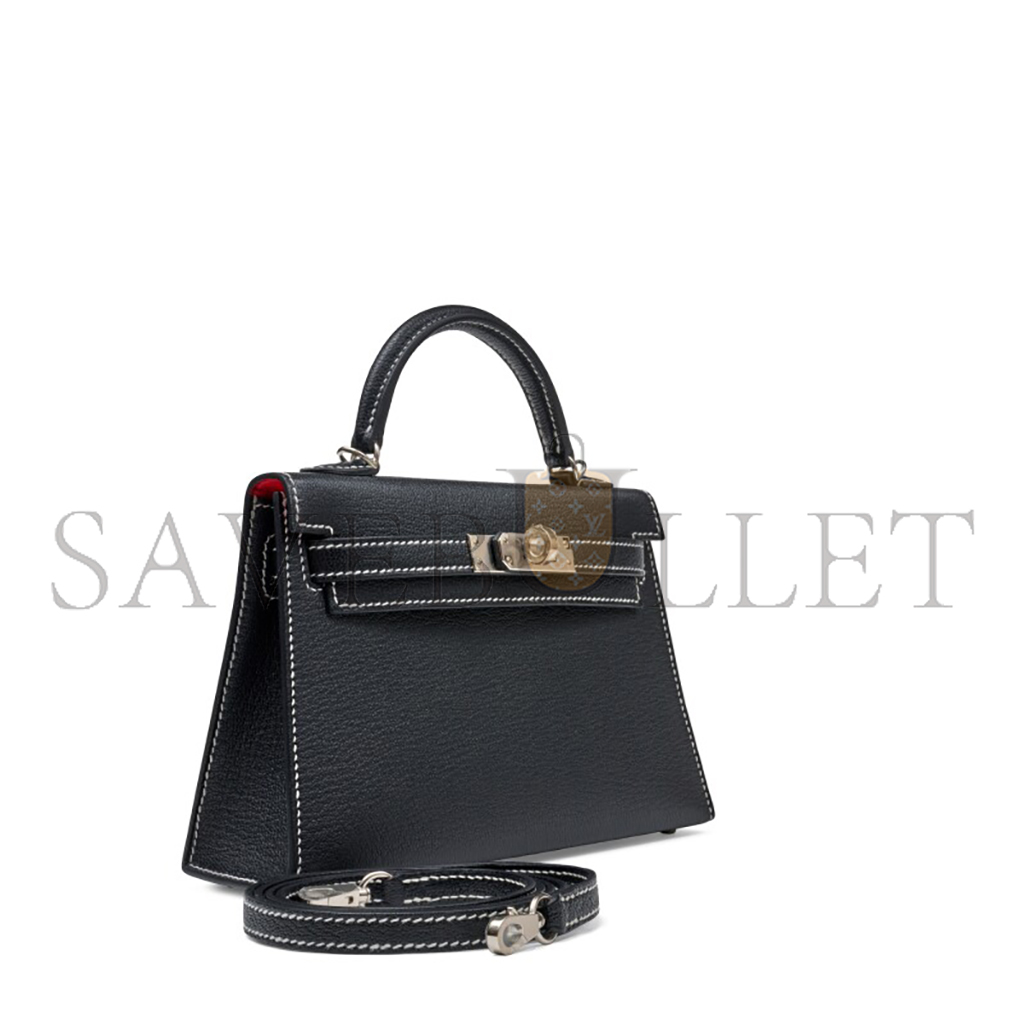 HERMÈS BLACK AND ROUGE DE COEUR BI-COLOR CHÈVRE MYSORE MINI KELLY II PALLADIUM HARDWARE (19*12*5.5cm)